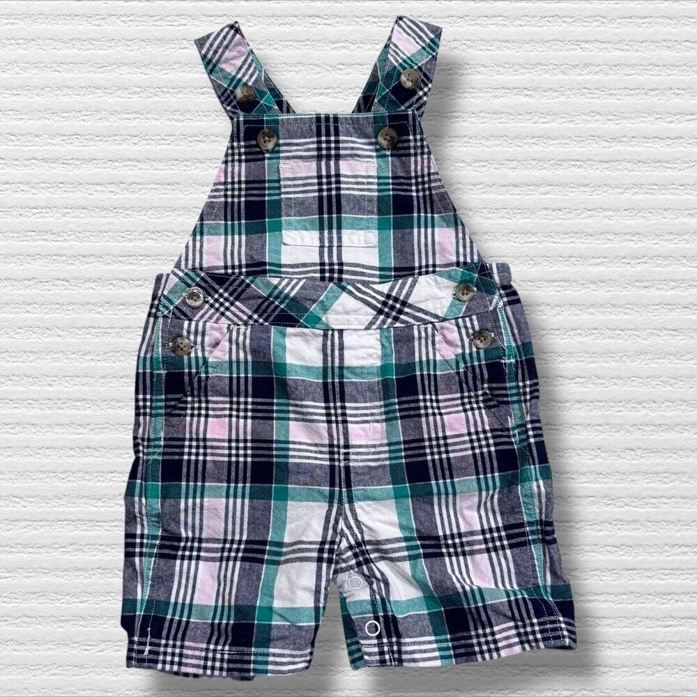Janie and Jack Boys Infant Baby Plaid Romper Overalls Green Black White 0-3 mos